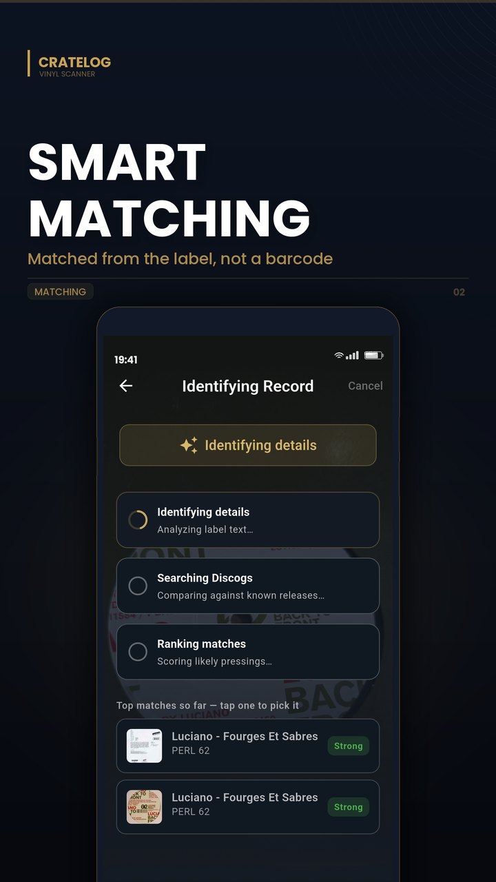 Identifying a record: reading the label, searching Discogs, ranking matches