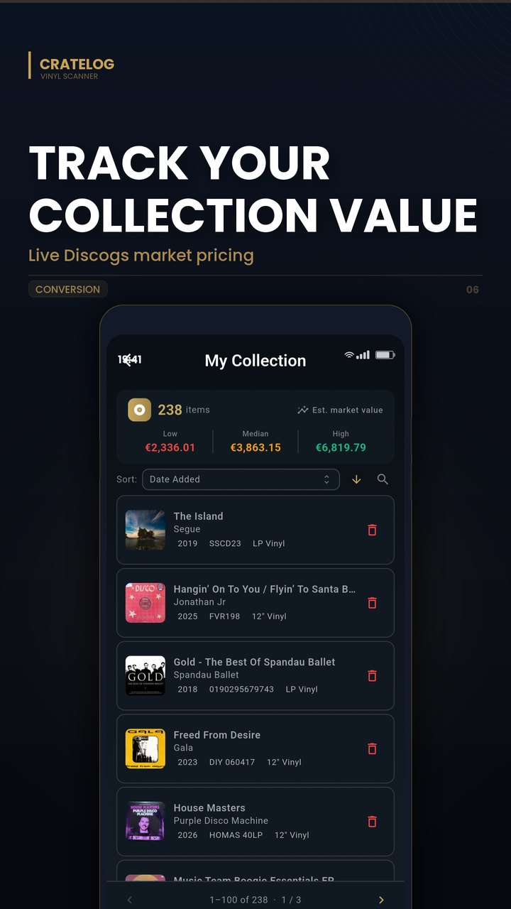 Collection screen with live Discogs market value